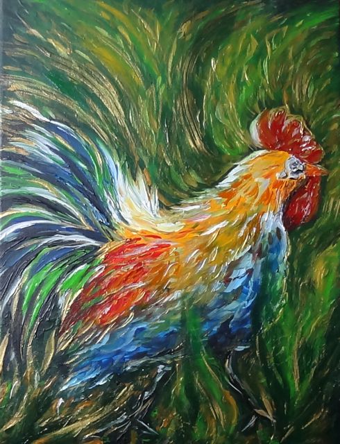 Golden Green Abstract Rooster Donation