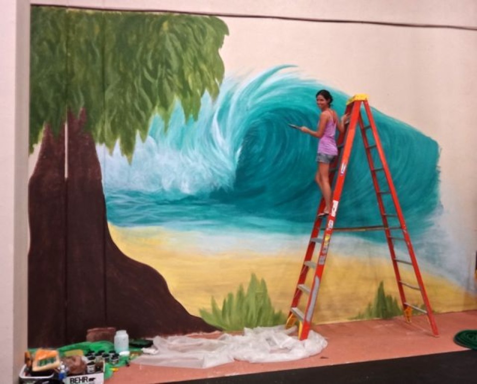 Mural: Wave & Tree Art In Progress at iFit Guam Warehouse