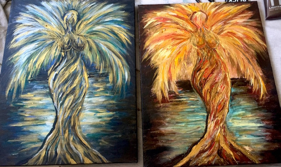 Coconut Tree Goddesses: Twin Paintings